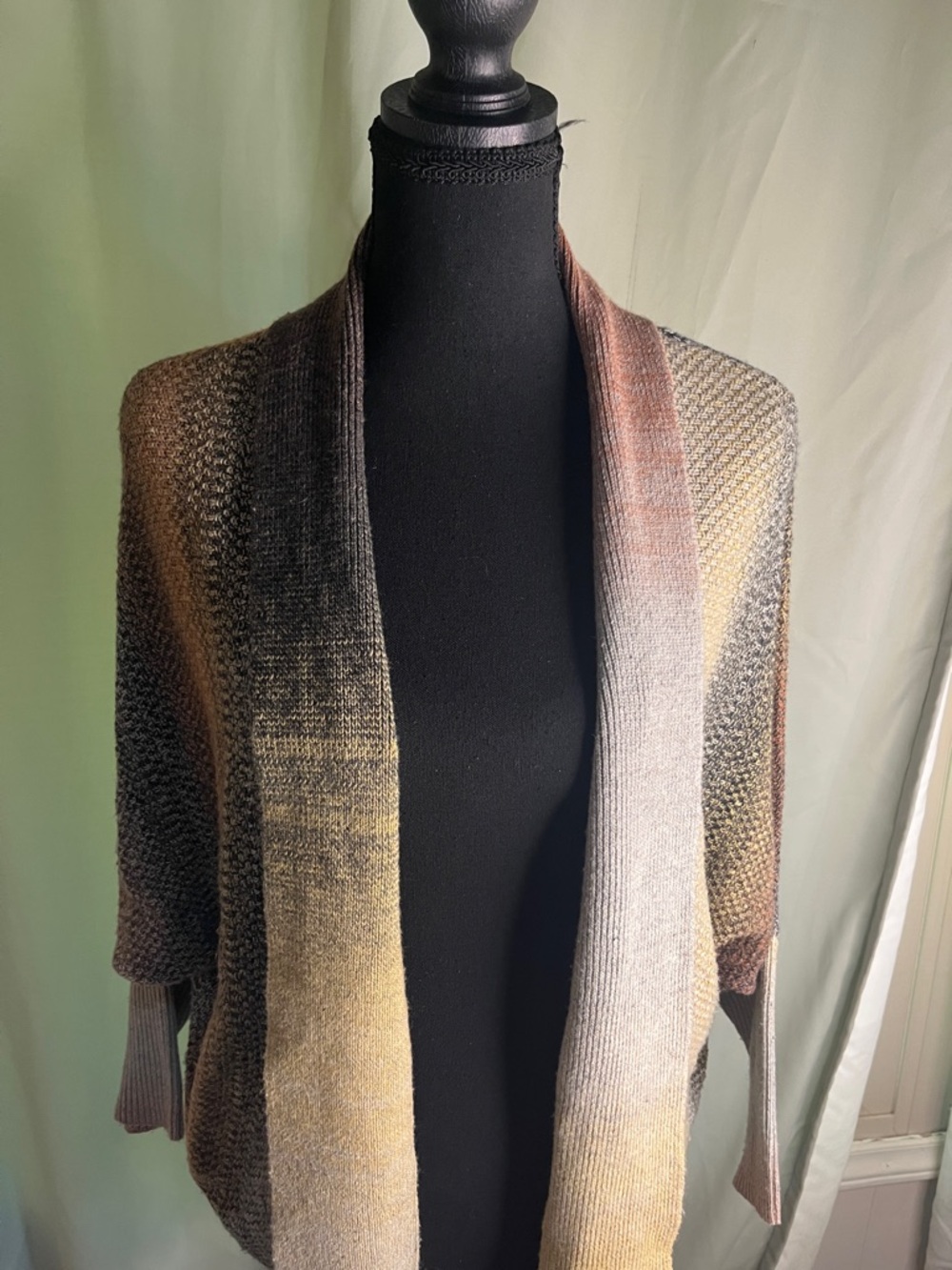 Open-Front Gradient Knit Cardigan in Brown, Gray & Cream